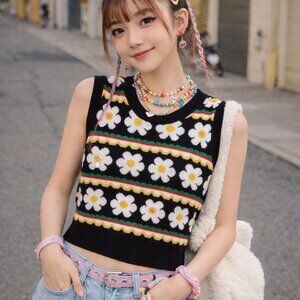 Over Kleshas Knit Capped Sleeve Black Floral Crop Top